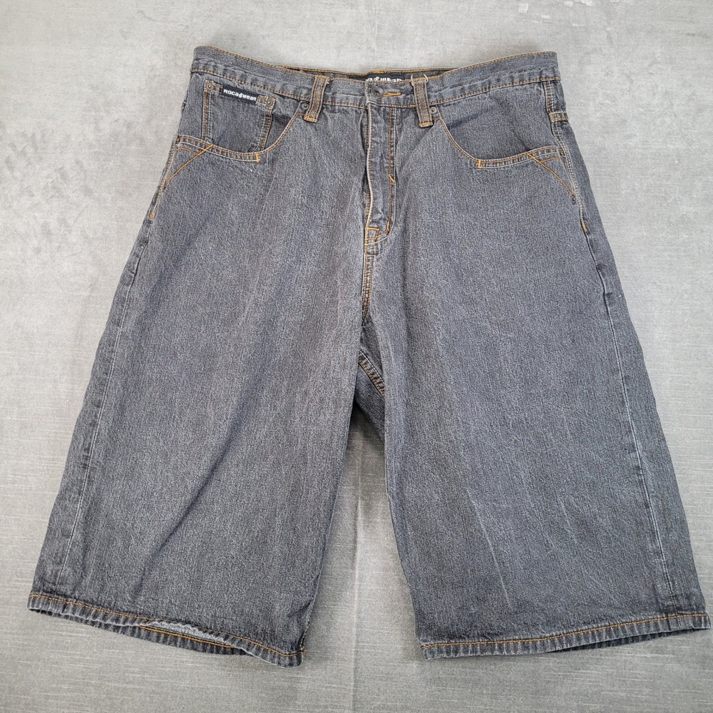 Rocawear Denim Y2K Skater Shorts Baggy Black Wash Hiphop Mens Size 36